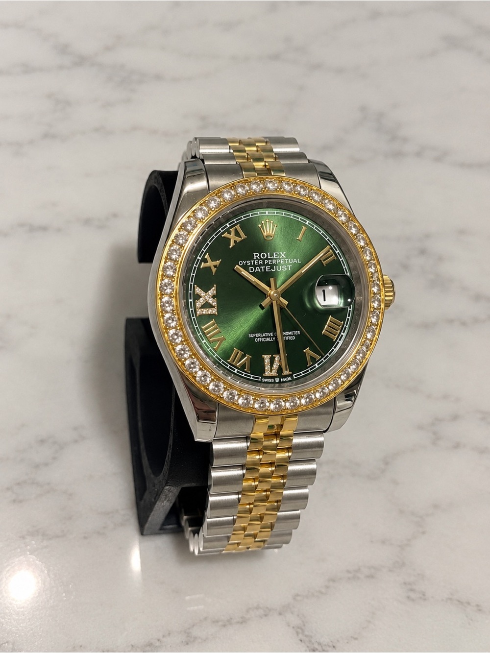Rolex Automatic Two-Tone Green Dial Diamond Bezel Datejust